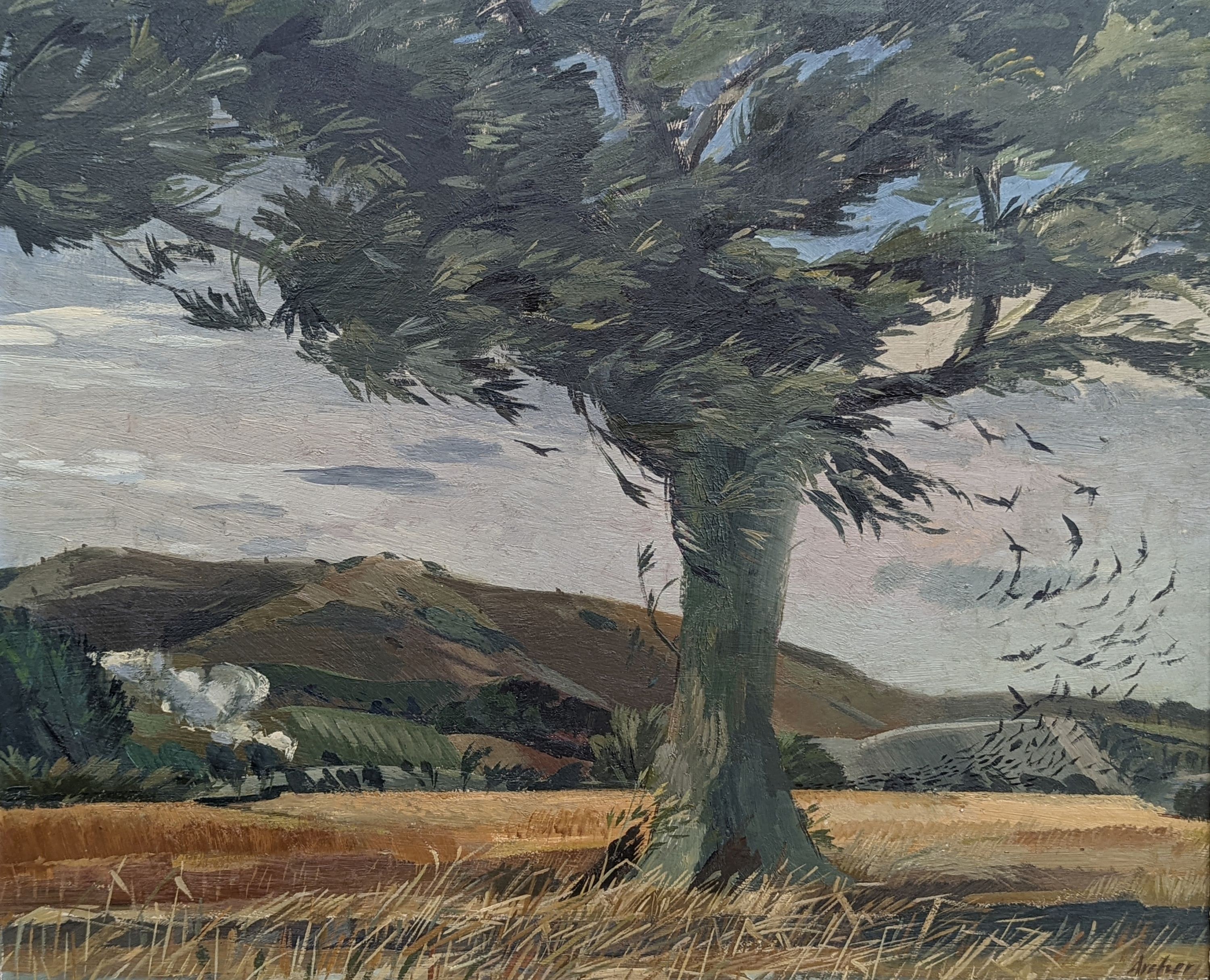 Archer, oil on board, Windswept view of the Downs, signed, 37 x 46cm
